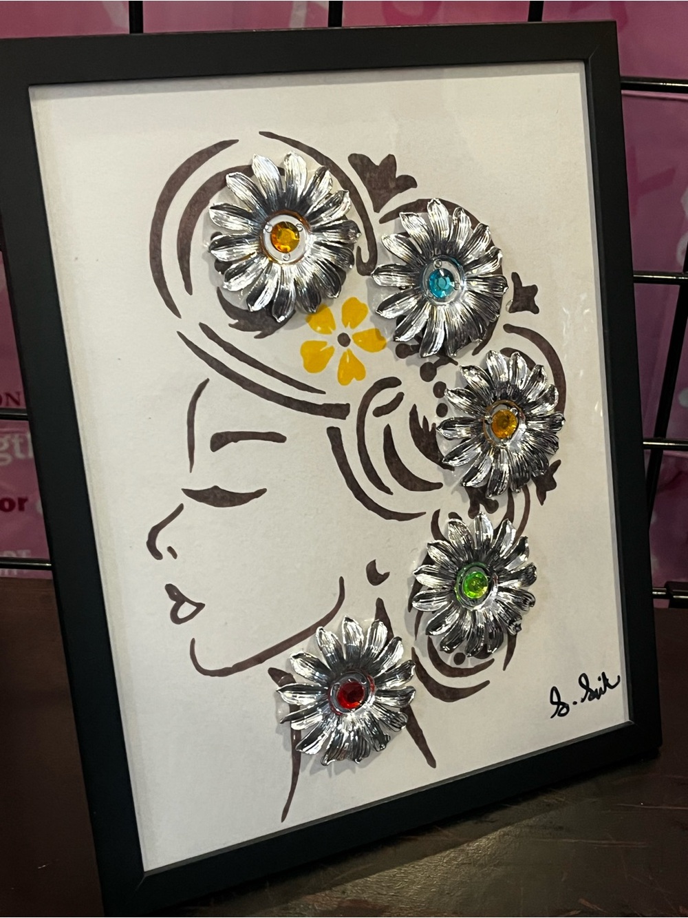 Hand Crafted Silver Floral Head Profile Wall Art with Multicolor Gems - Picture 4 of 11